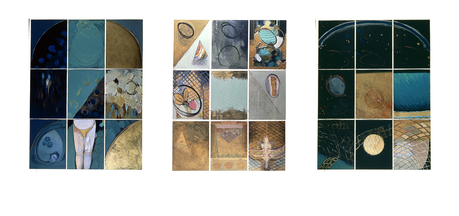 THE JESTERS MOONS, HEAVEN’S GATE and CELESTIAL NAVIGATION acrylics on board, 8.5’x10.5’