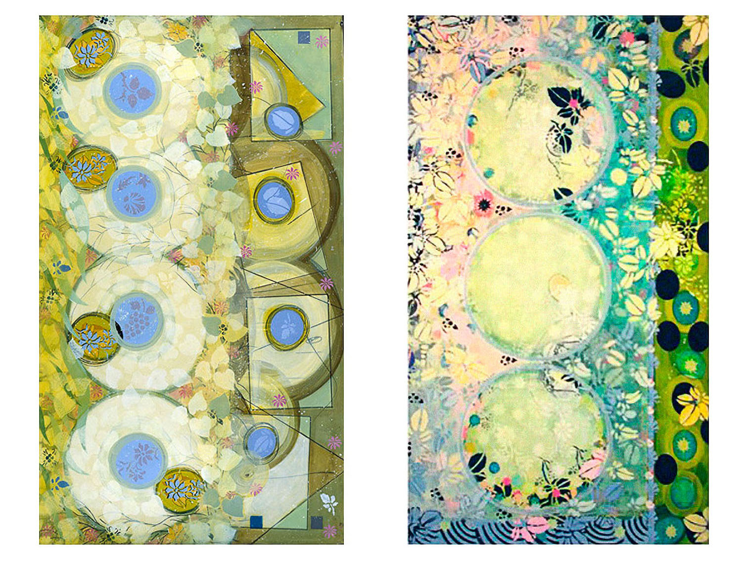 FOUR AND FOUR, acrylic on 300 lb. Lanaquarelle, 57”x36”, 2011 / SEASON, SURVEY, acrylic on 300 lb. Lanaquarelle, 58”x36”, 2011